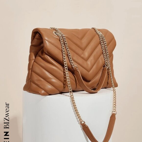SHEIN BIZwear Chevron Flap Shoulder Bag Brown - Picture 4 of 6